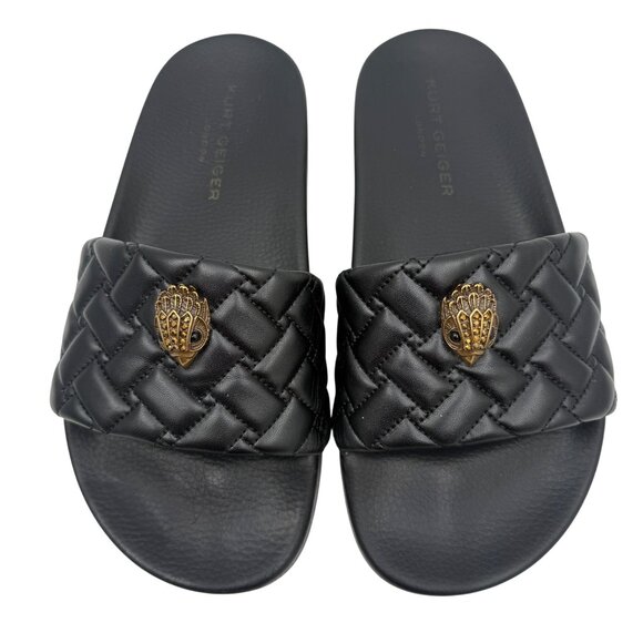Kurt Geiger Womens Quilted Black Slides With Gold Eagle Embellished Logo Size 38 - Picture 1 of 13